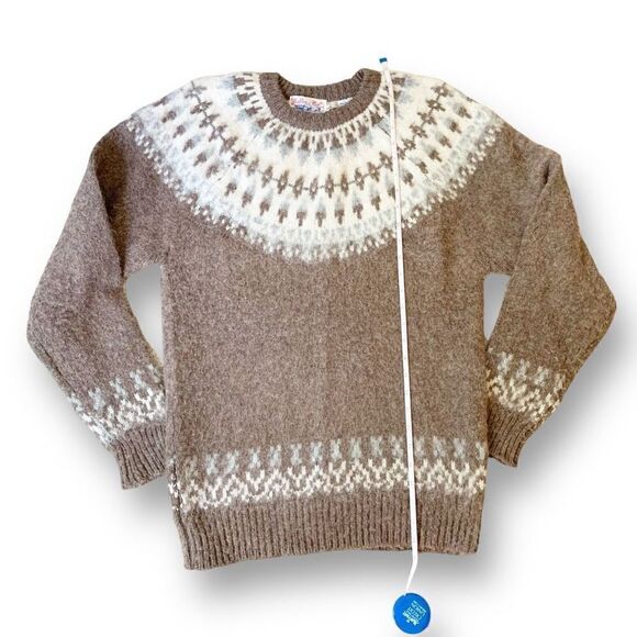 Vintage 80s Tally Ho Tan Cream Classic Fair Isle Shetland 100% Pure Wool Sweater - Picture 5 of 13